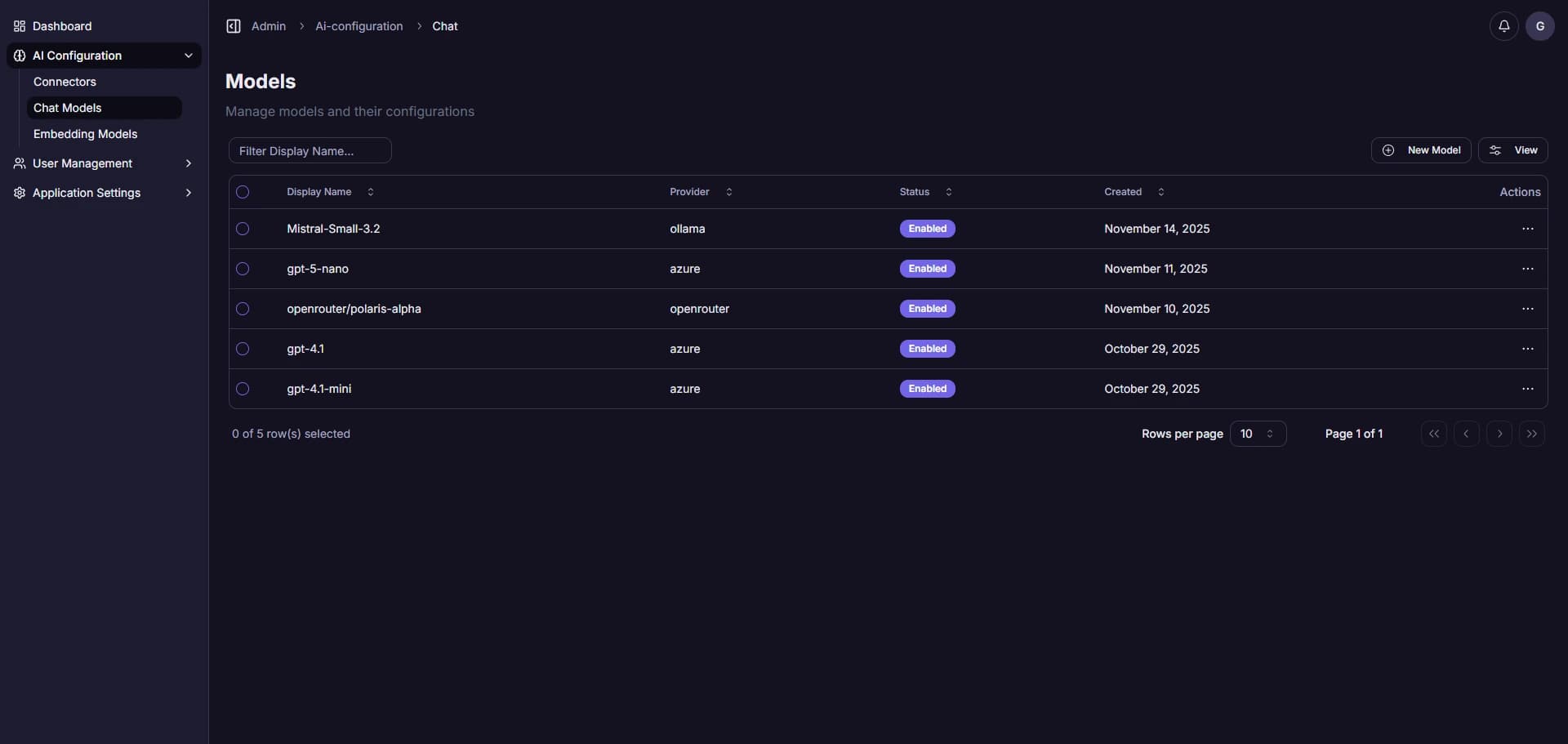 Chat Models Settings Page Screenshot